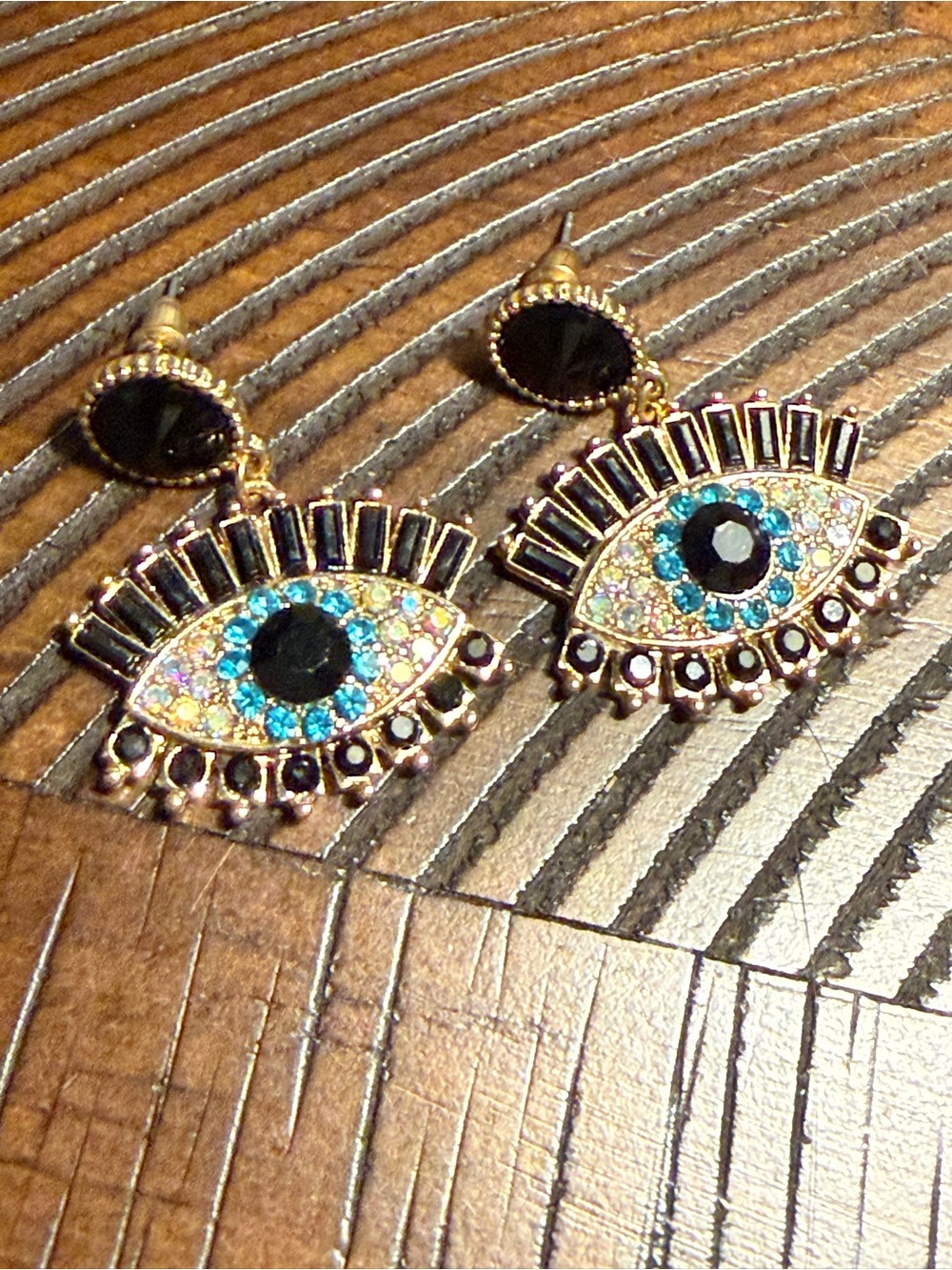Gold-Tone Eye Drop Earrings with Black and Turquoise Crystals